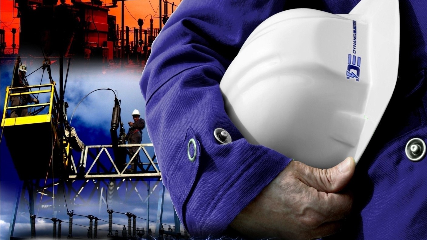 Close up of a Dynamo hardhat along with various employees doing jobs for past happy clients.