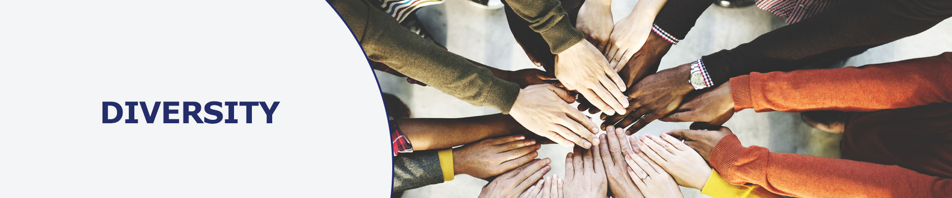 Diversity Header with ten employees hands in a circal all of different race and nationality 